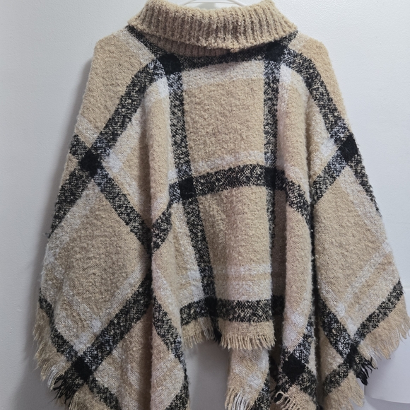 Serra Sweaters - Serra brand tan and black plaid sweater poncho featuring a cozy cowl neck